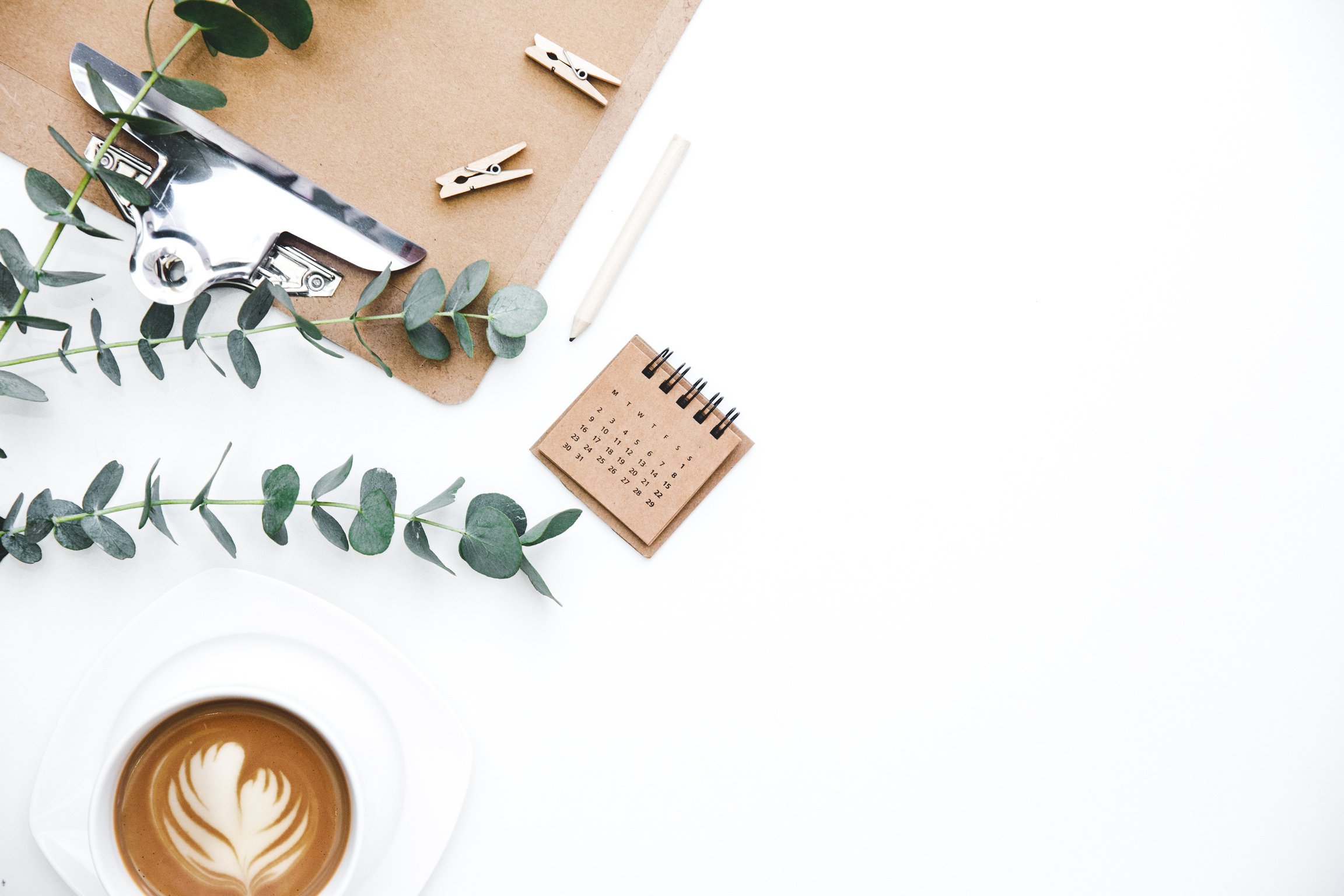 Flay lay, Top view office table desk. Feminine desk workspace frame with clipboard, green leaves eucalyptus and coffee on white background. ideas, notes or plan writing concept